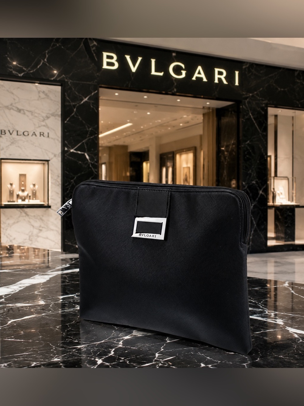 BVLGARI Luxury Makeup Pouch / iPad Case  Black & Silver NWOT
